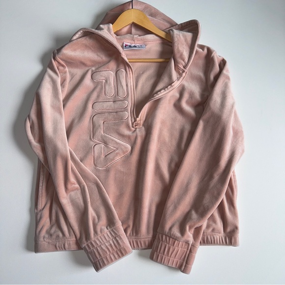Fila Pink Velour Hoodie Sweatshirt Quarter Zip Pullover Size Medium Athleisure - Picture 5 of 10